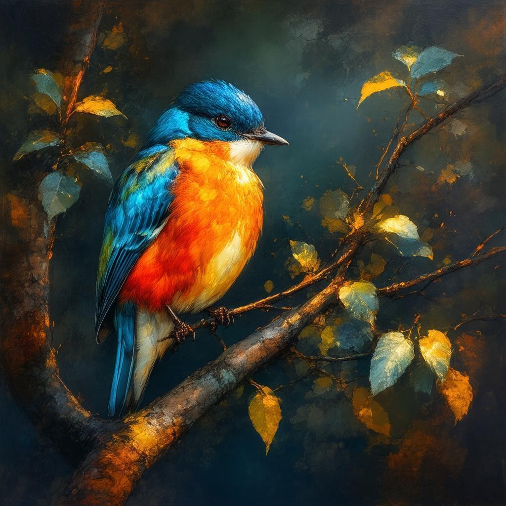 Bold Gouache Bird on a Detailed Branch