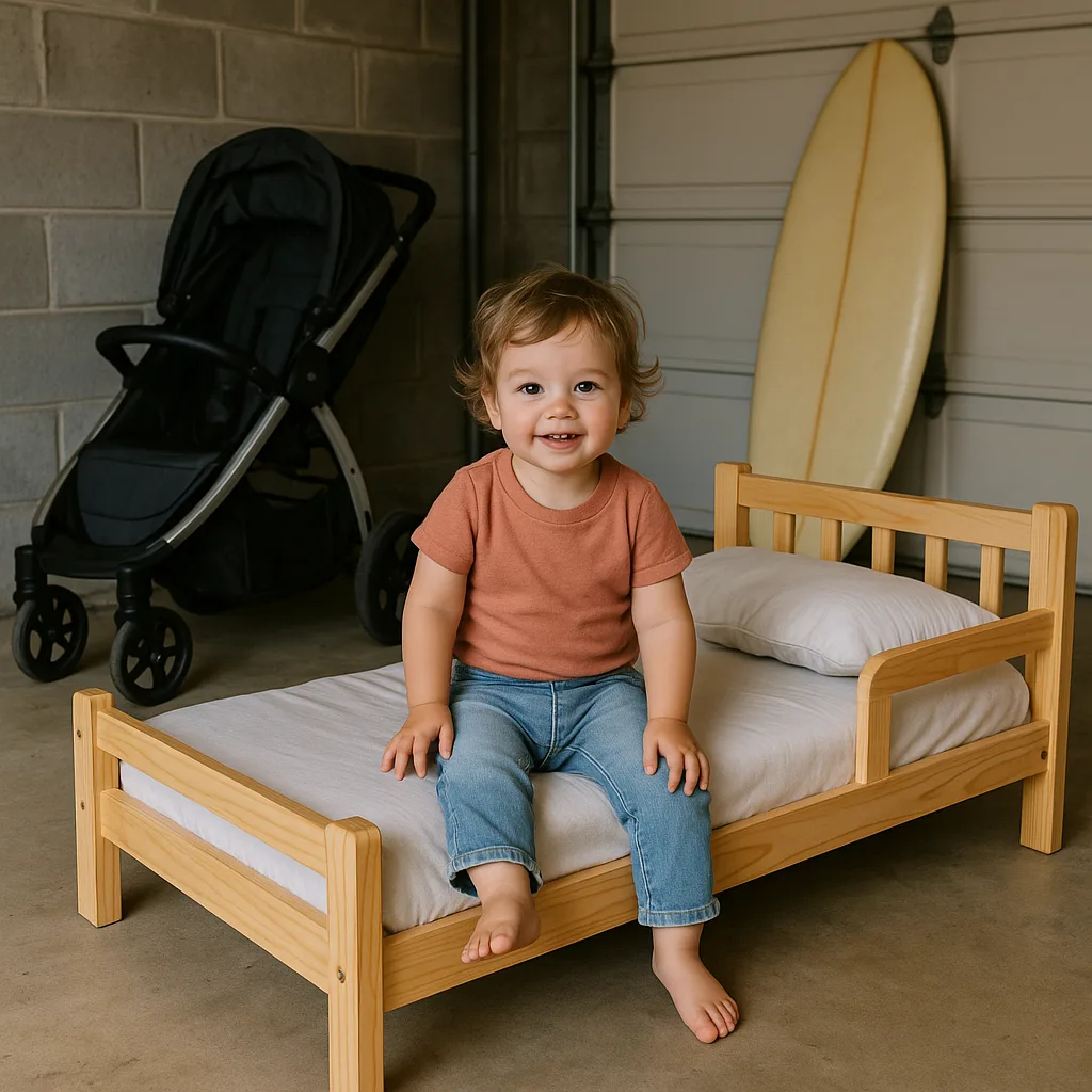 Toddler Sits on a Wooden Toddler Bed in a Garage