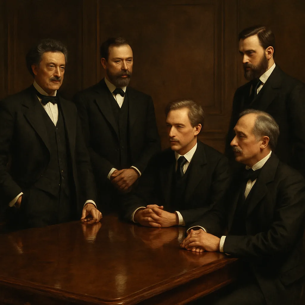 Group of Well-dressed Gentlemen Assembled Around a Spacious