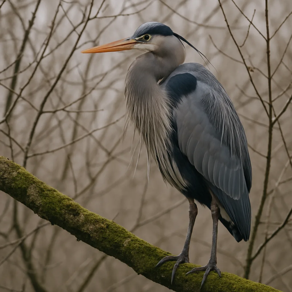 Great Blue Heron Perched on a Mossy Tree Branch
