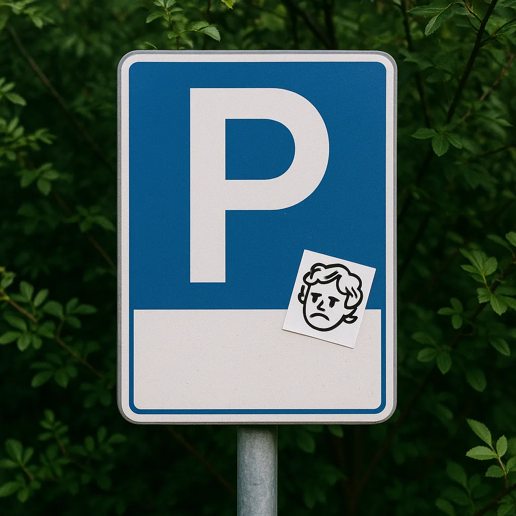Sign Indicating a Parking Area Adorned with a Small Sticker