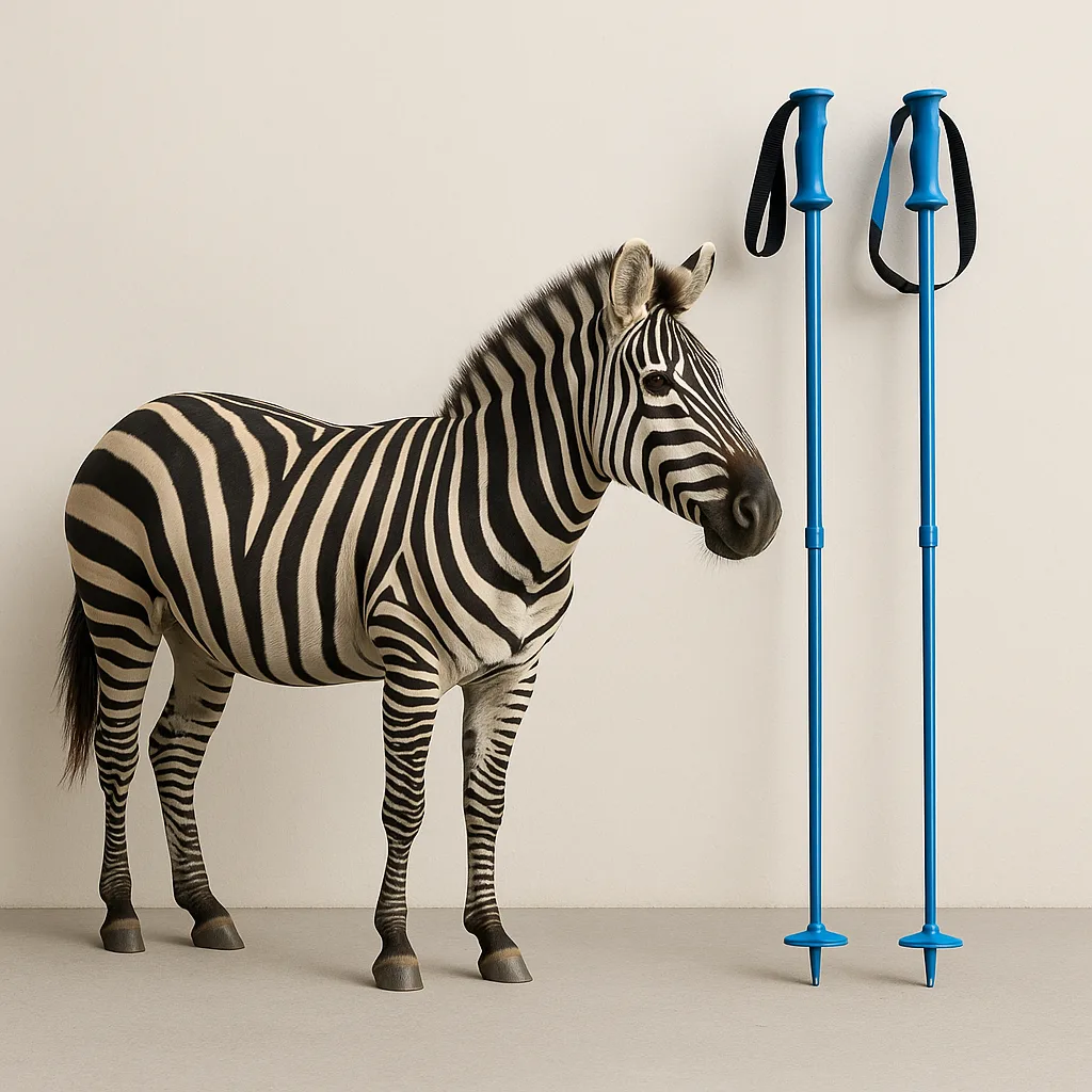 Zebra Positioned on the Left Side of Two Blue Ski