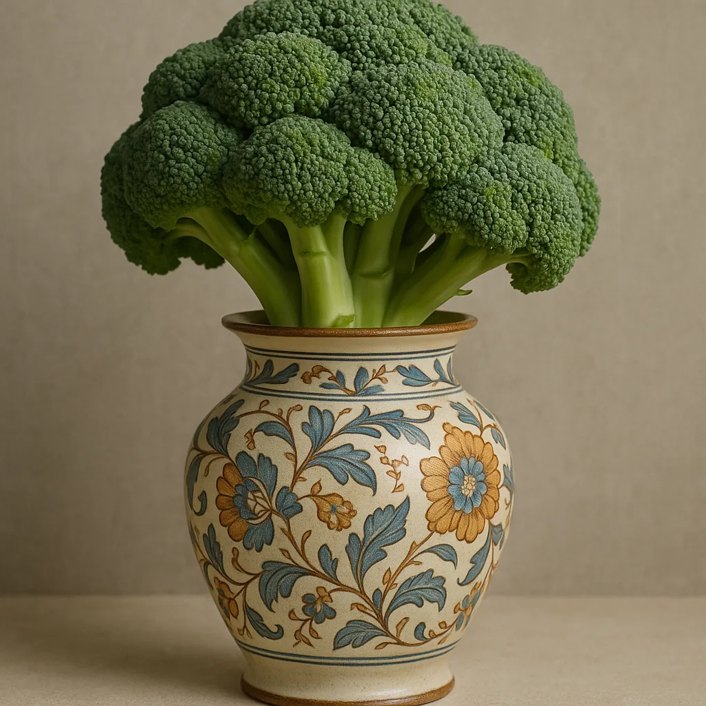 Decorative Vase with a Piece of Broccoli Placed Inside It