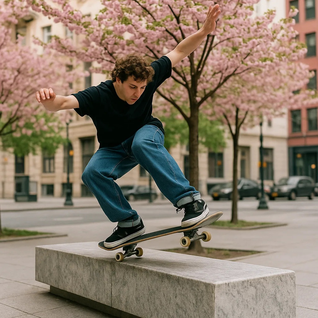 Skateboarder Performs a Trick on a Marble Bench