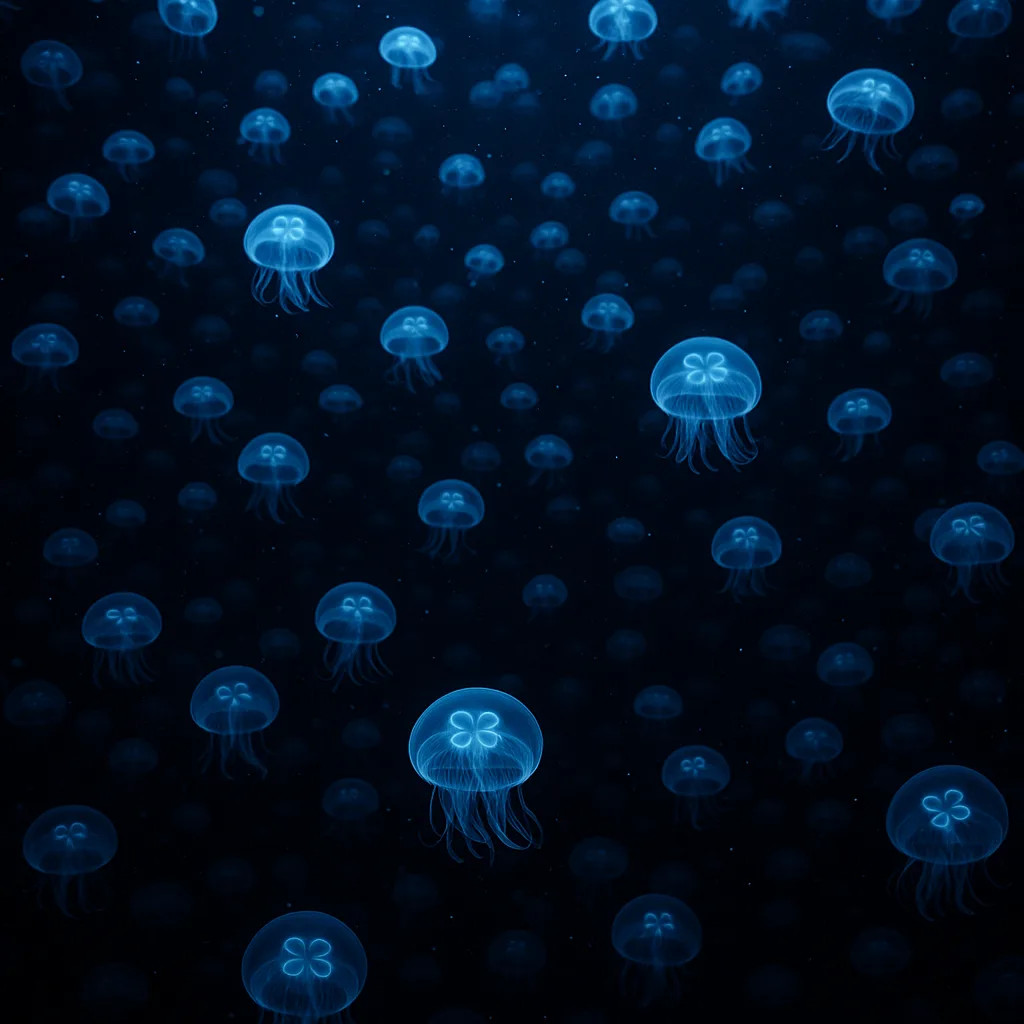 Countless Shimmering Bioluminescent Jellyfish Drift in a Vast