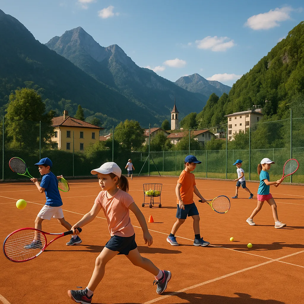 Group of Children Practicing Tennis on Outdoor Clay Courts