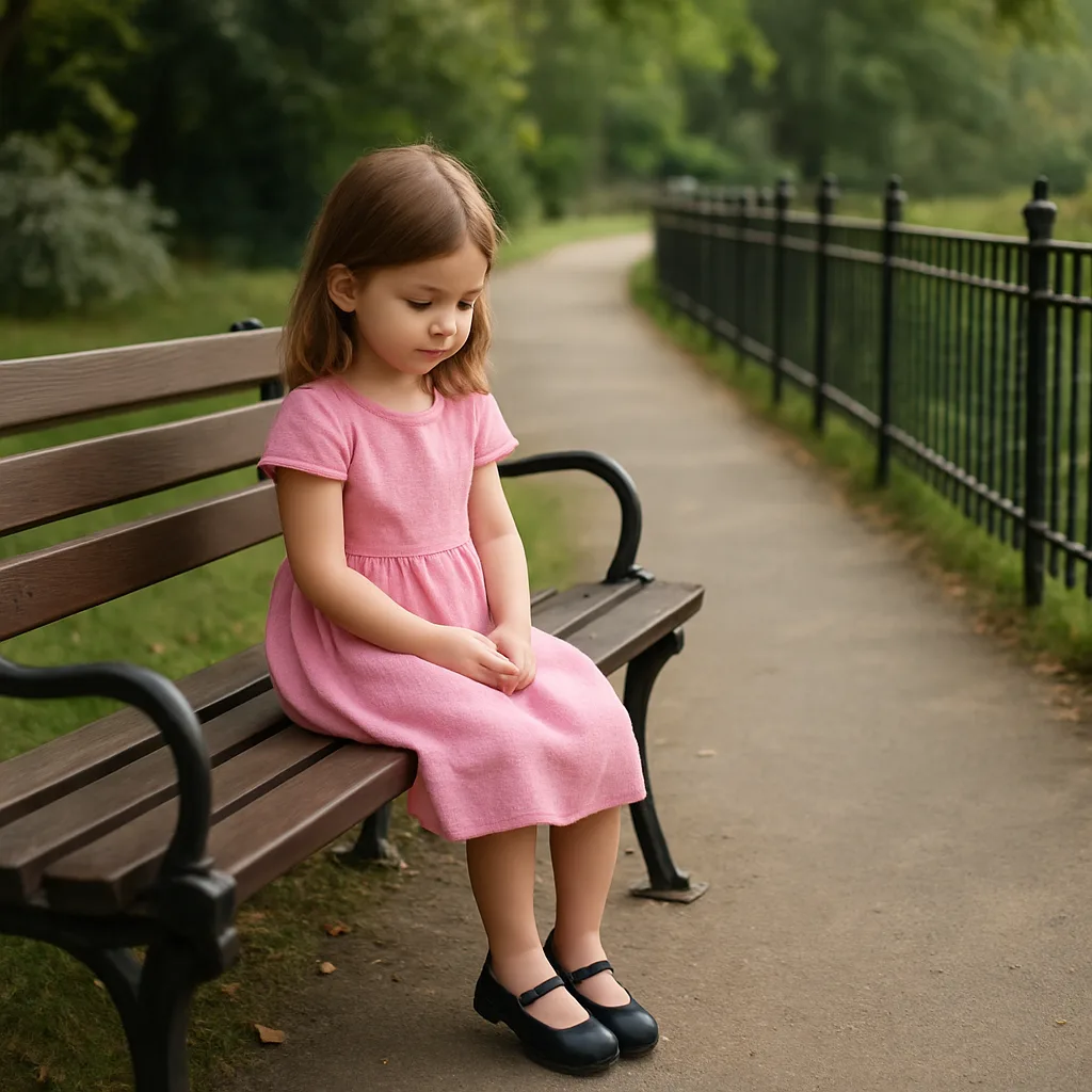Young Girl Wearing a Pink Dress Sits on a Park