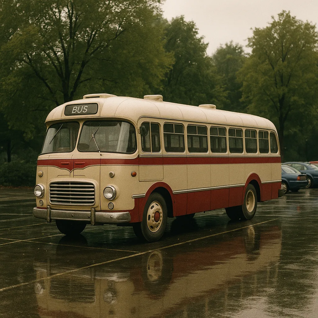 Vintage Cream and Red Bus Parked in a Wet