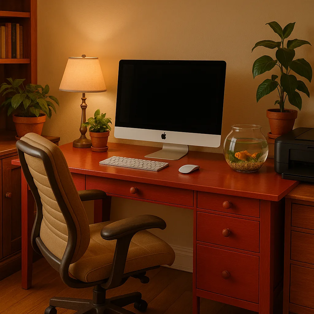 Cozy Home Office Setup Featuring a Red Desk