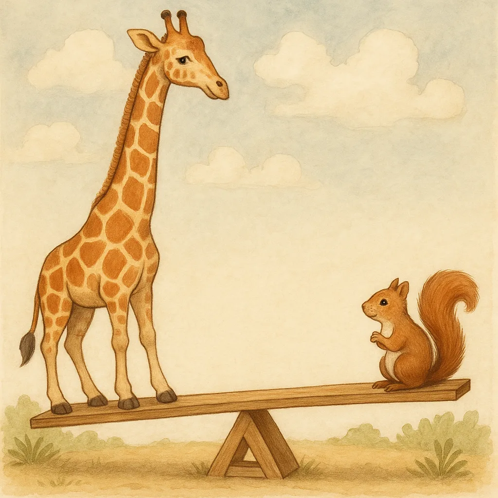 On One End of a Seesaw Sits a Giraffe