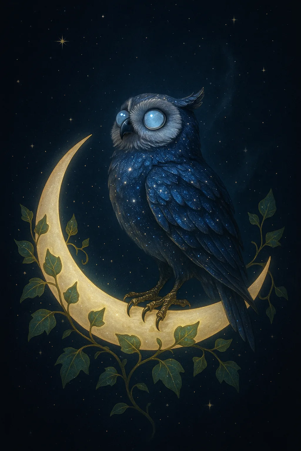 Magical Celestial Owl Resting on a Luminous Crescent Moon