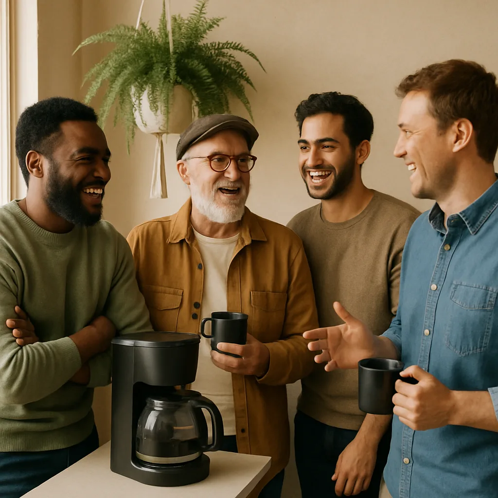 Bunch of Guys Standing near a Coffee Machine