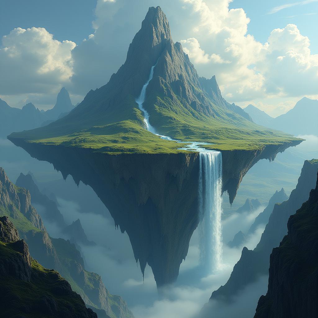Levitating Mountain Island With Cascading Waterfalls