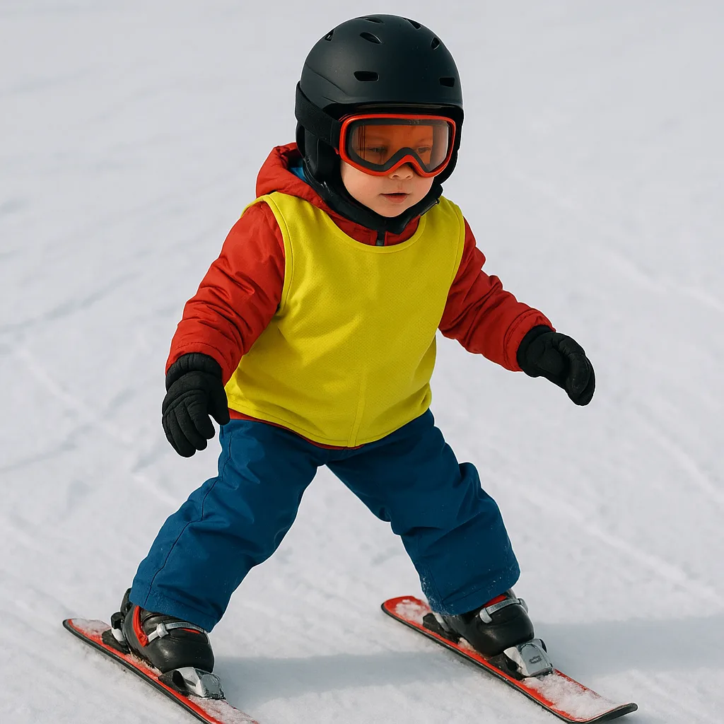 Young Child Skiing on Snow While Wearing a Helmet