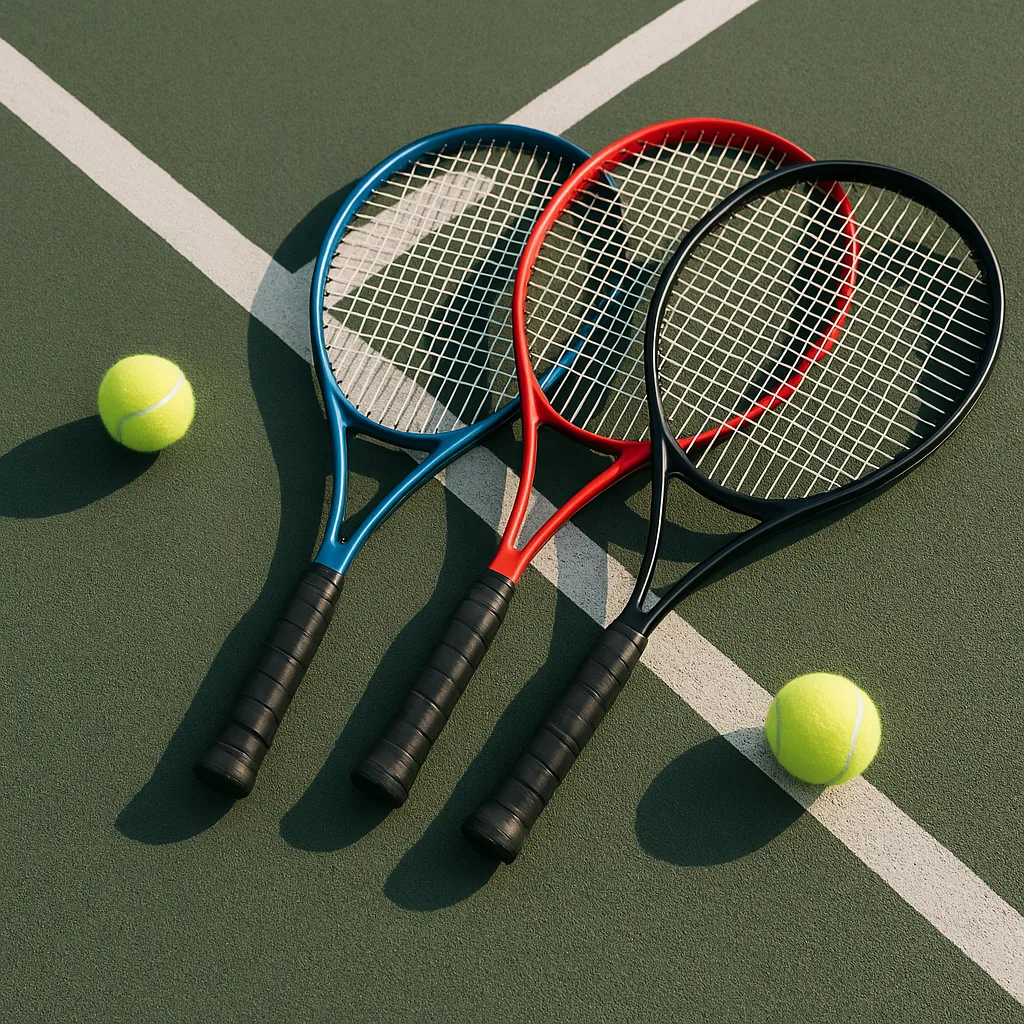 Three Tennis Rackets Resting on a Court