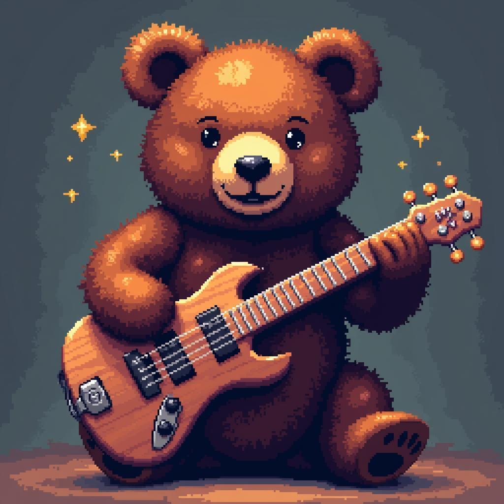 Pixel Bear Strumming a Wooden Guitar