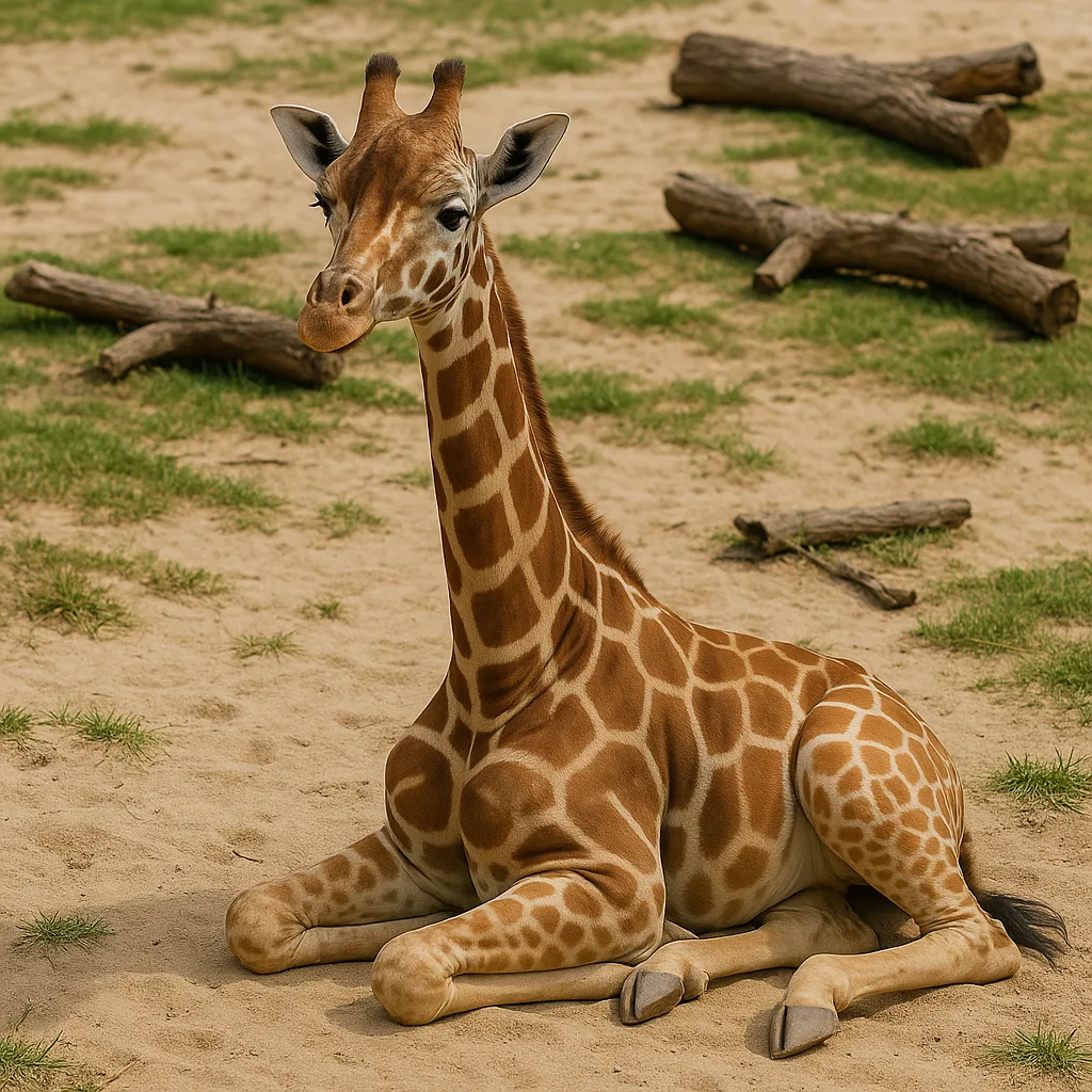 Giraffe Sitting on a Sandy Ground with Patches of Grass