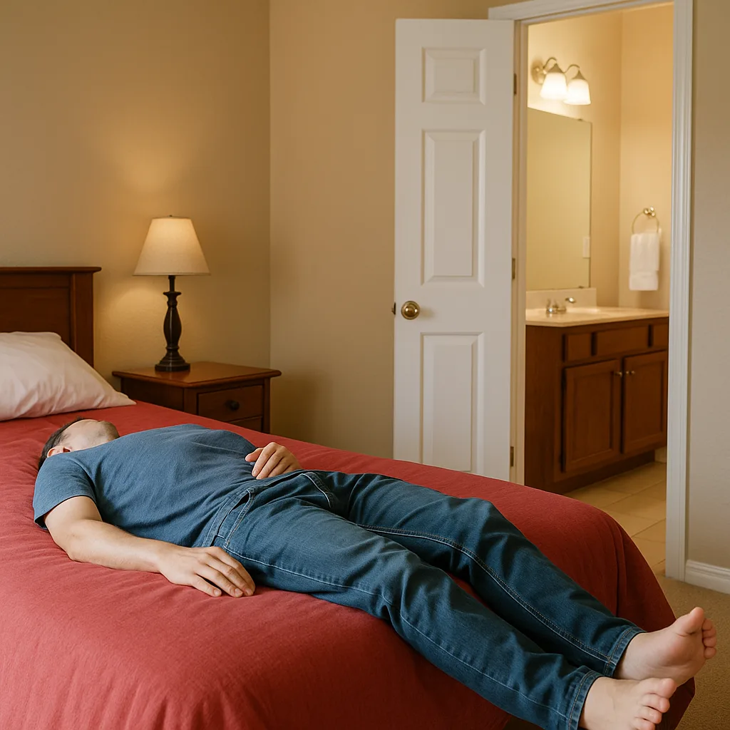 Person Is Lying on a Red-covered Bed in a Bedroom