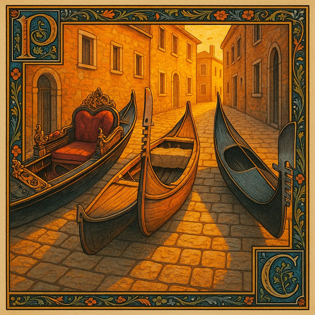 Three Distinct Gondolas Rest Upon Charming Cobblestone Streets