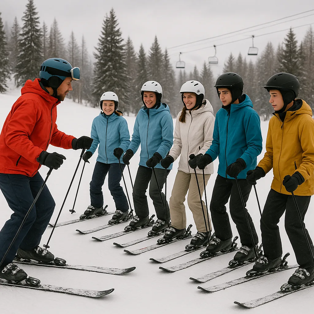 Team of Beginner Snow Skiers Learning and Training Together