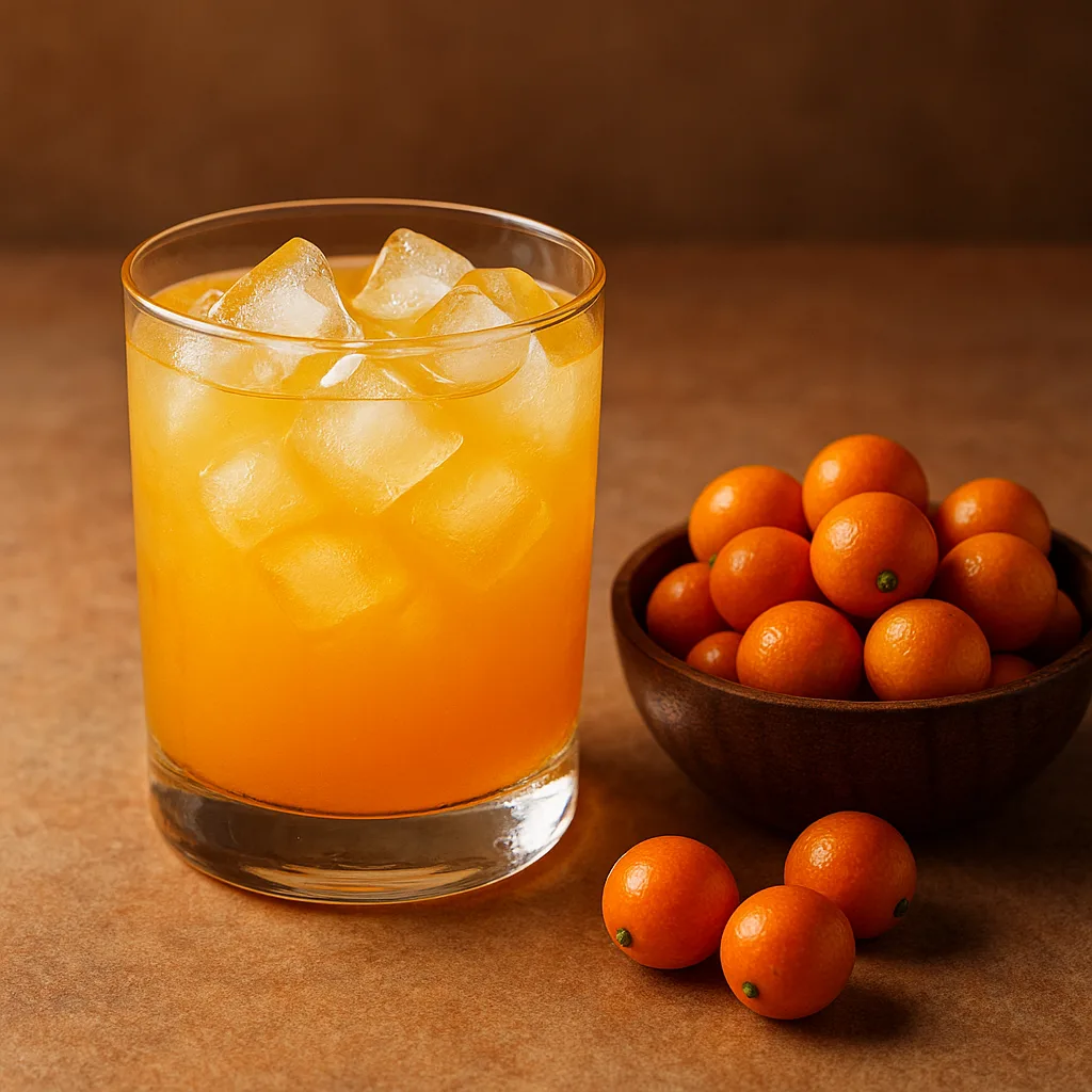 Glass of Orange-yellow Cocktail with Ice Cubes