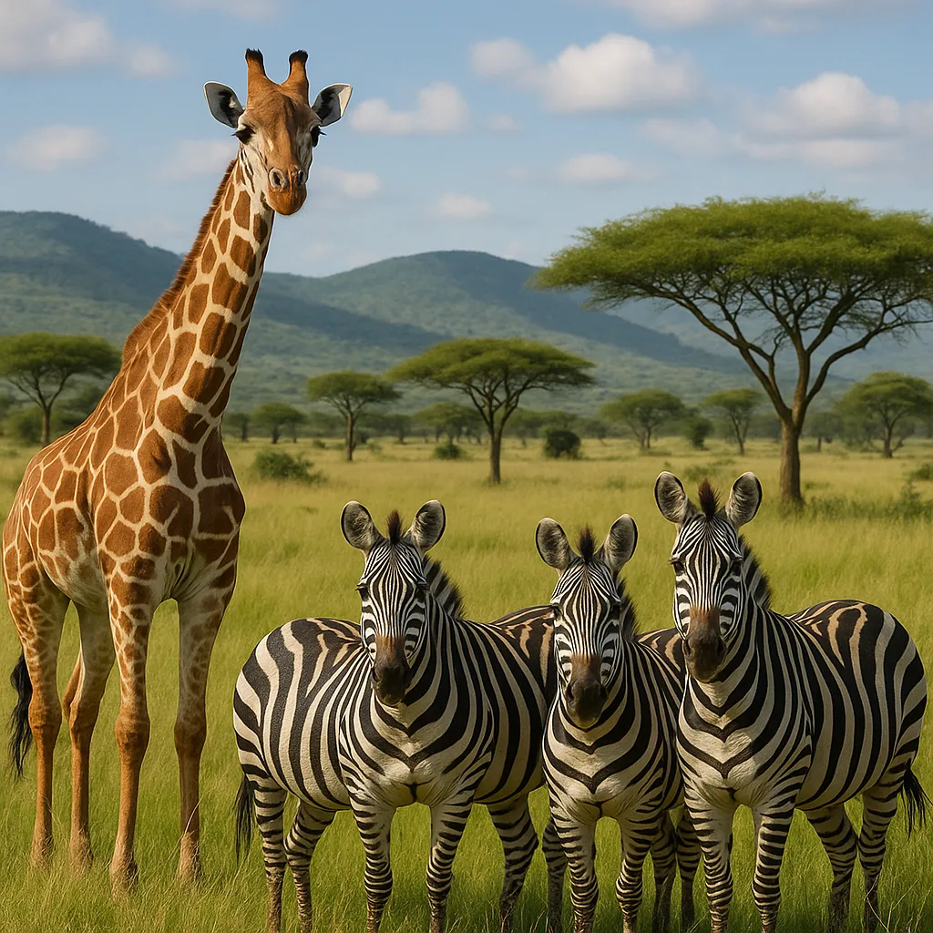 Giraffe and Zebras Standing in a Grassy Savanna with Trees