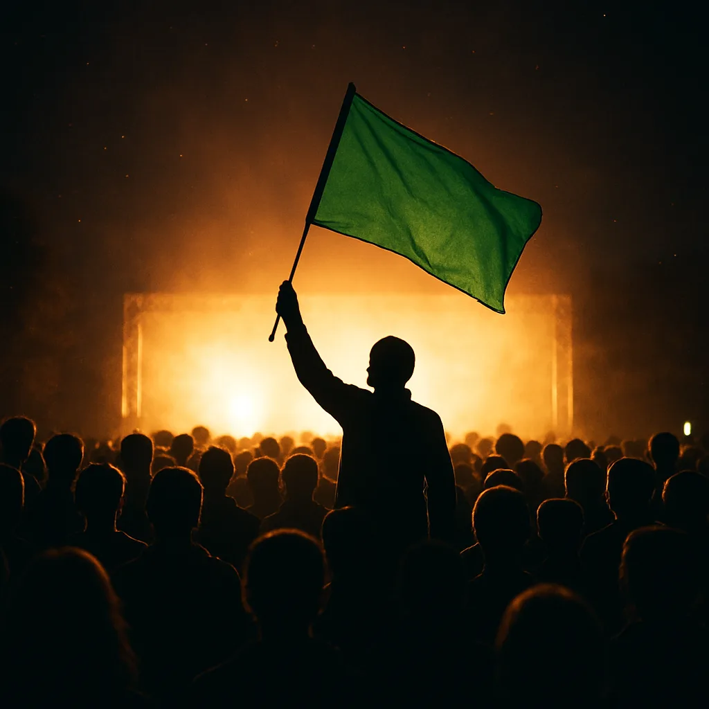 Crowd Gathered Outdoors at Night with a Brightly Lit Backdrop
