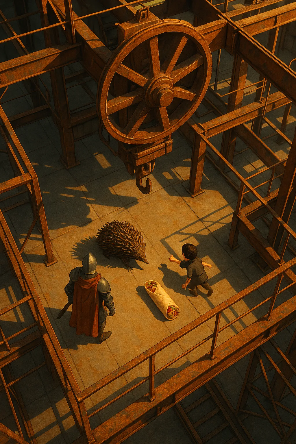 Medieval-clad Figure Accompanies a Spiny Echidna