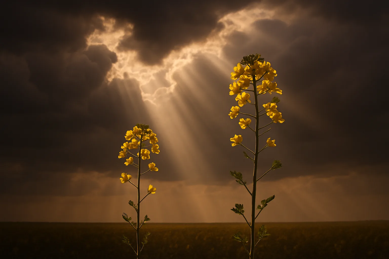 Two Varied Rapeseed Plants Stand Beneath Dramatic
