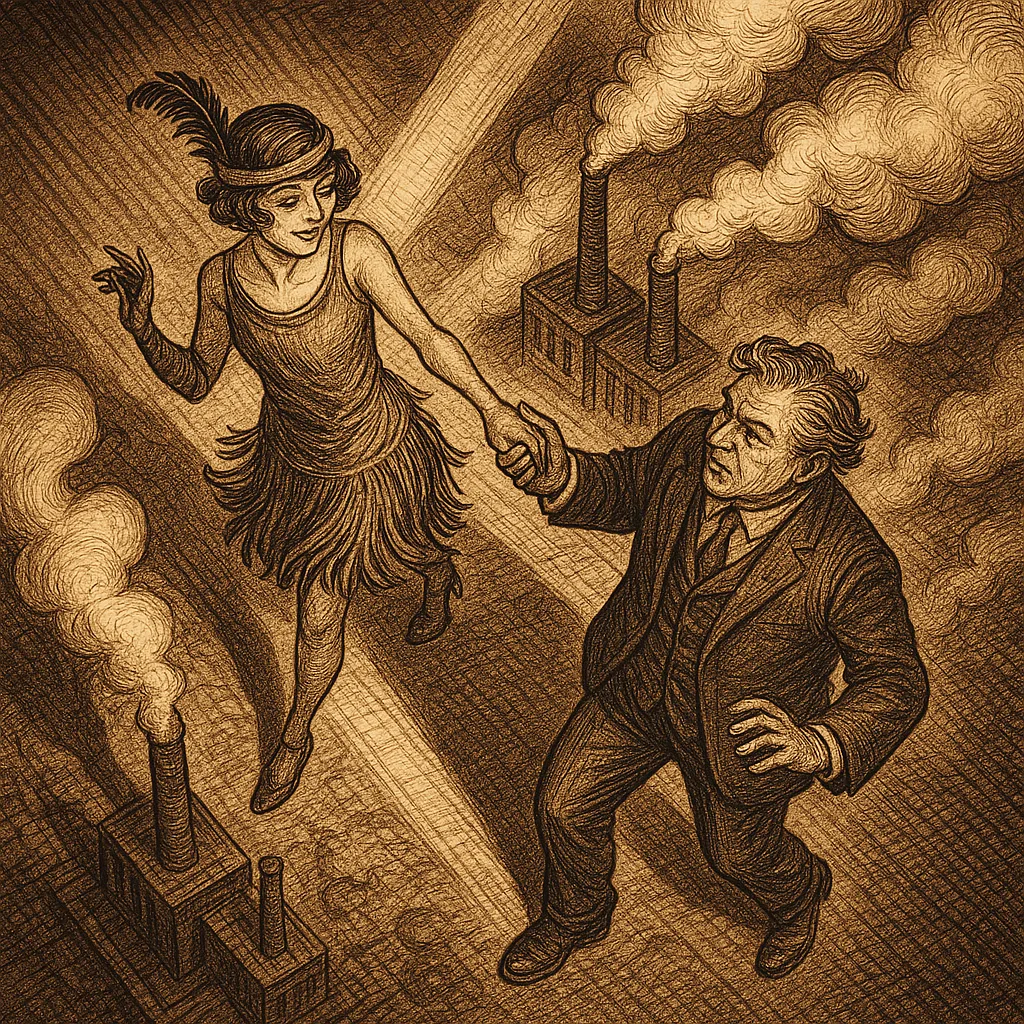 1920s Flapper Trickster Guides a Wavy-haired Tycoon
