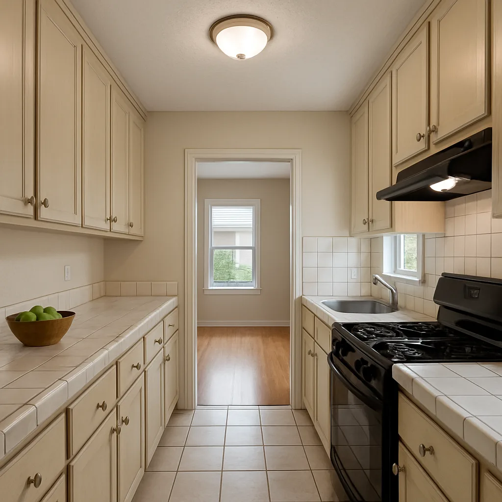 Narrow Kitchen with Light-colored Cabinets