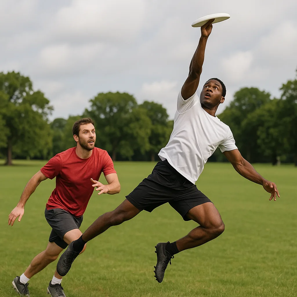 Two Men Are Playing Frisbee on a Grassy Field