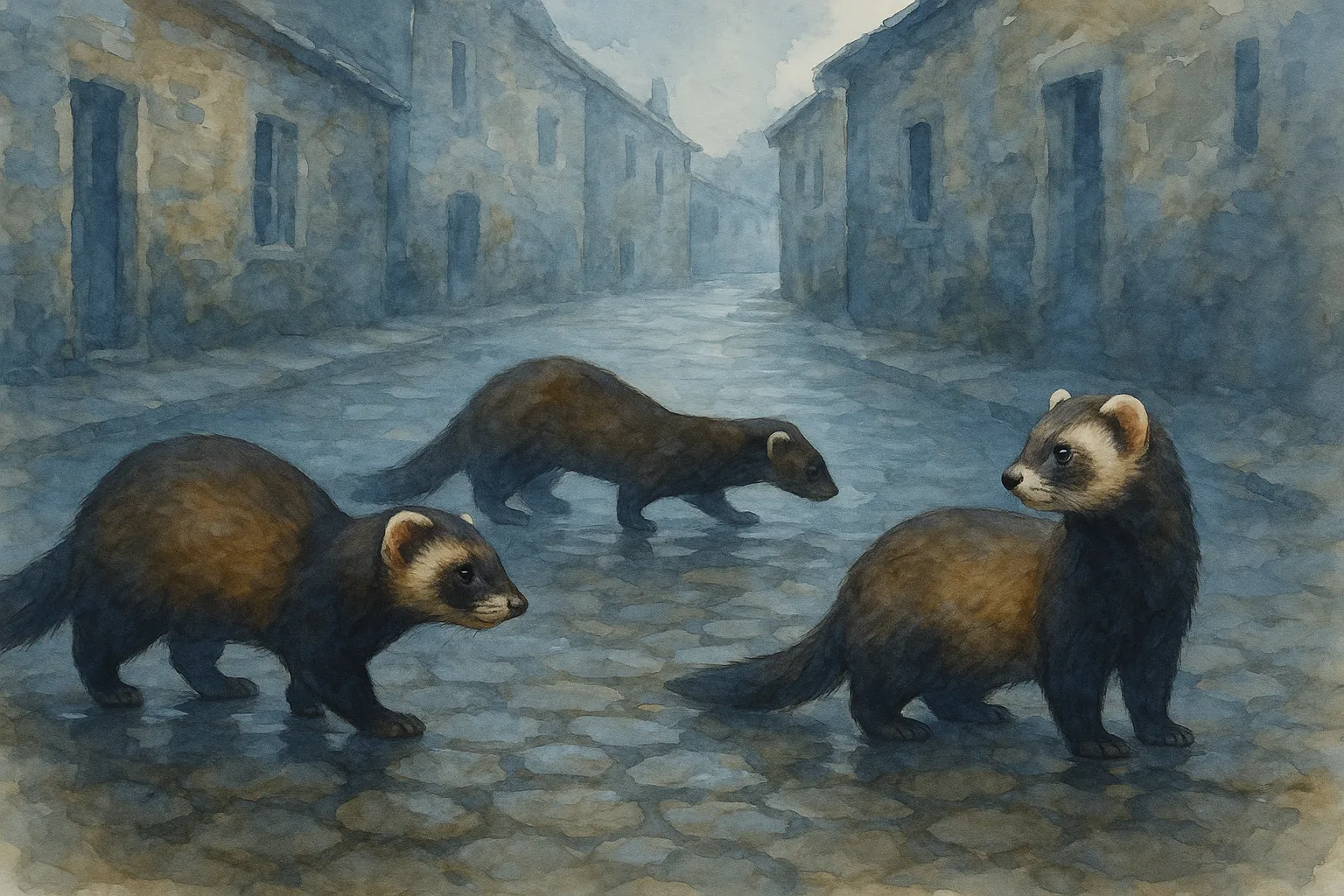 Three Distinct Polecats Navigate Charming Cobblestone Streets