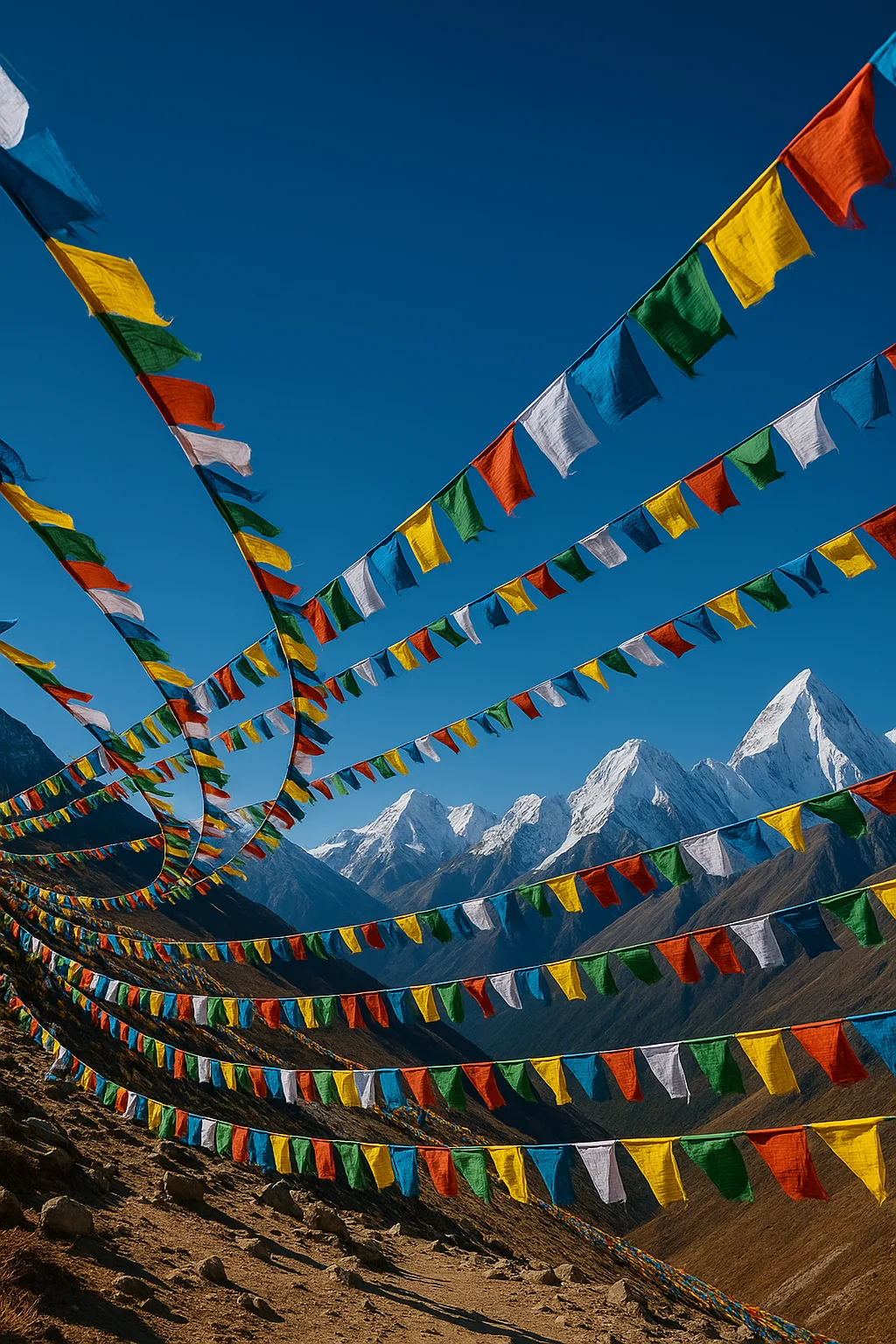 Dozens of Brightly Colored Prayer Flags Flutter on Long Strings