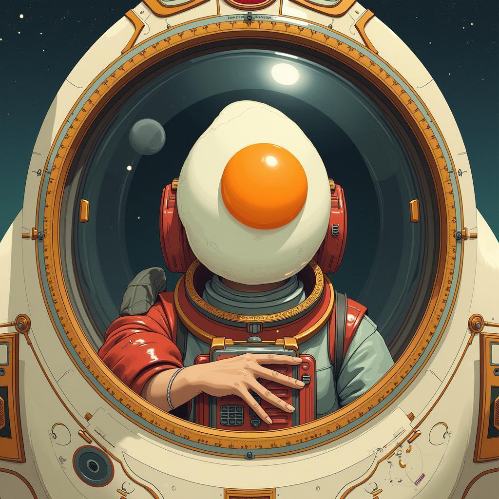 Fried Egg Headed Traveler Aboard Elegant Spaceship