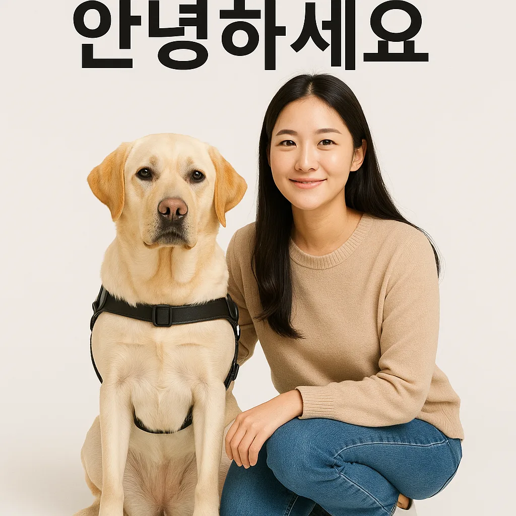 Woman Sitting Beside a Yellow Labrador Wearing a Harness