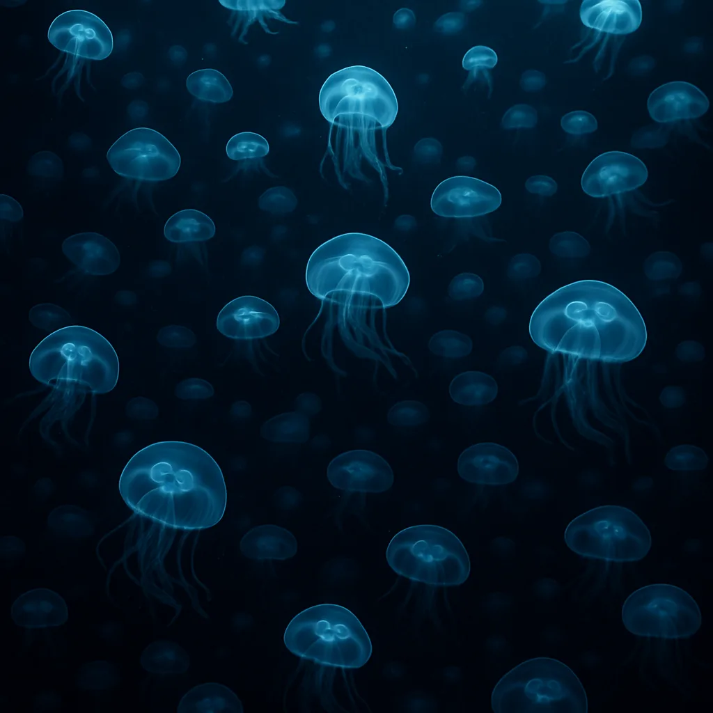 Dense Swarm of Bioluminescent Jellyfish Drifts