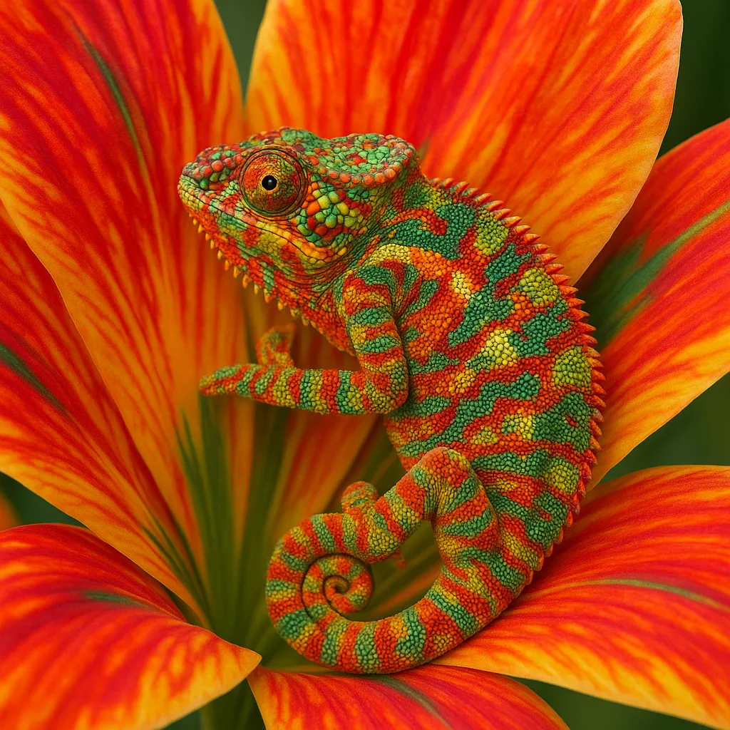 Chameleon Perfectly Camouflaged Within the Colorful Designs of a Tropical