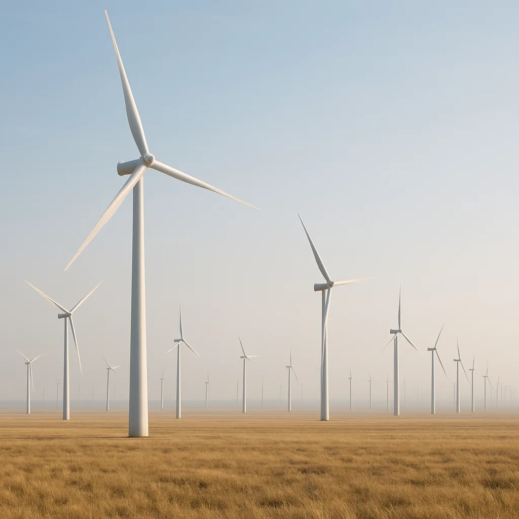 Vast Field of Towering Wind Turbines Stretches Towards a Distant