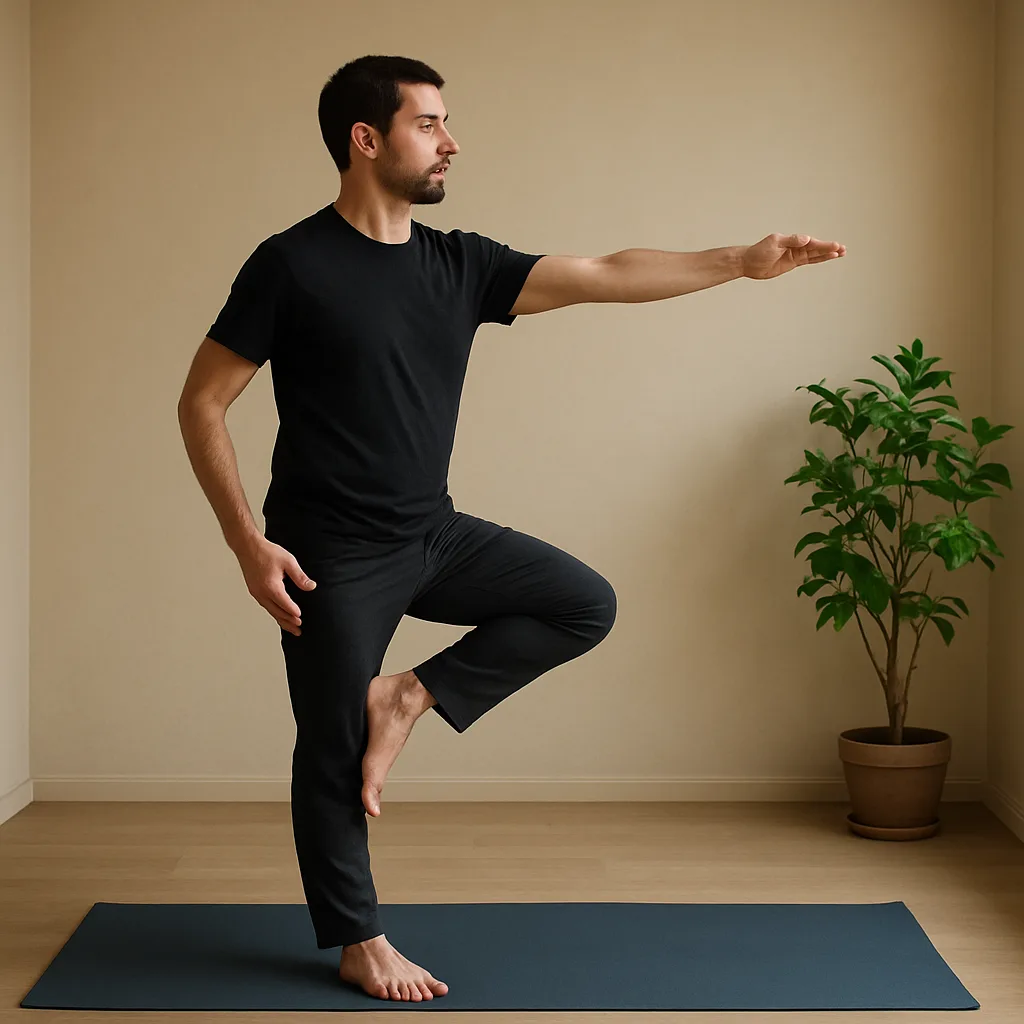Person Practices a Yoga Pose on a Dark Blue Mat