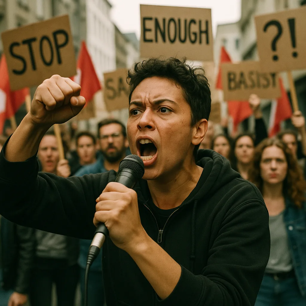 Passionate Speaker Addresses a Crowd Through a Microphone