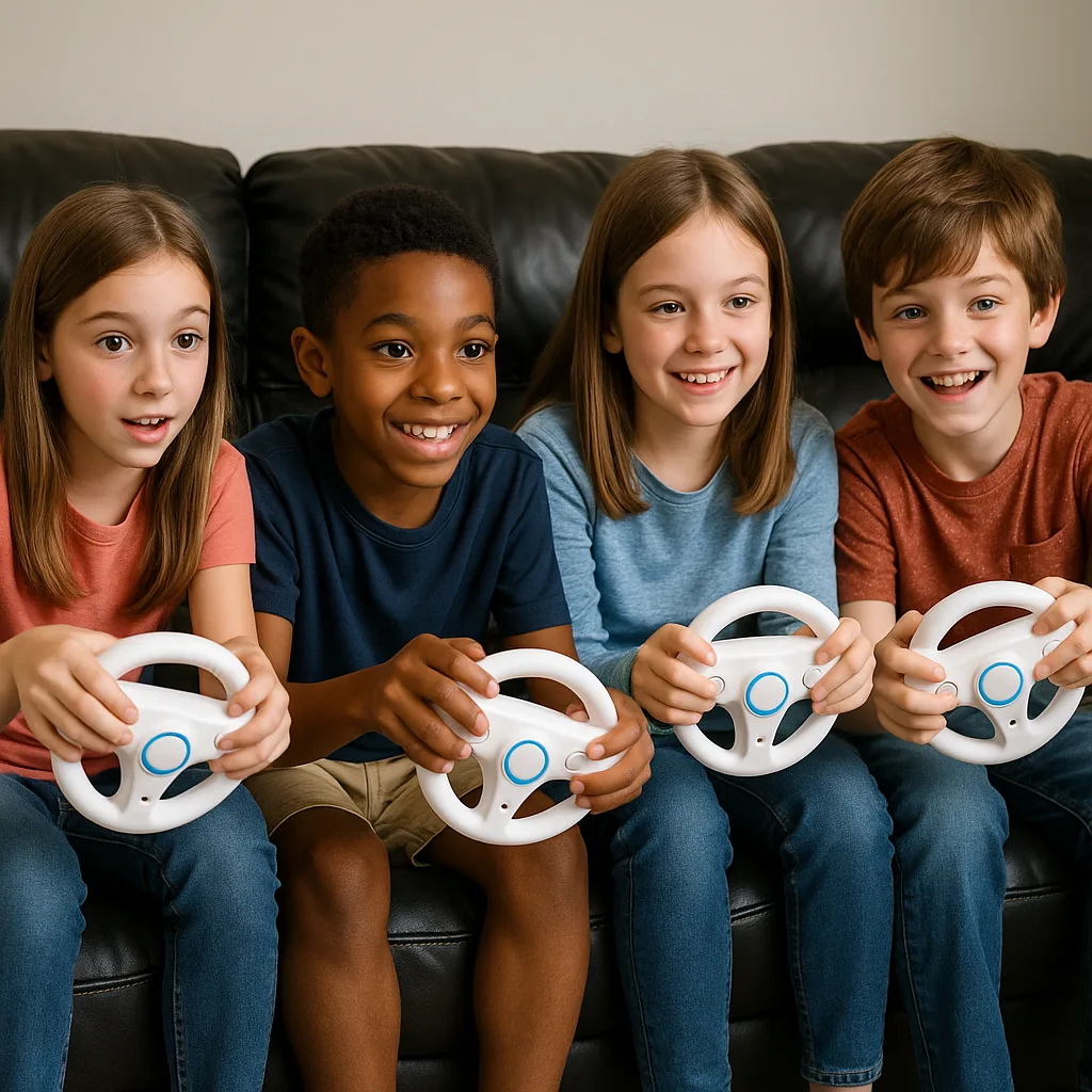 Children Sitting on Black Leather Couches While Playing a Video