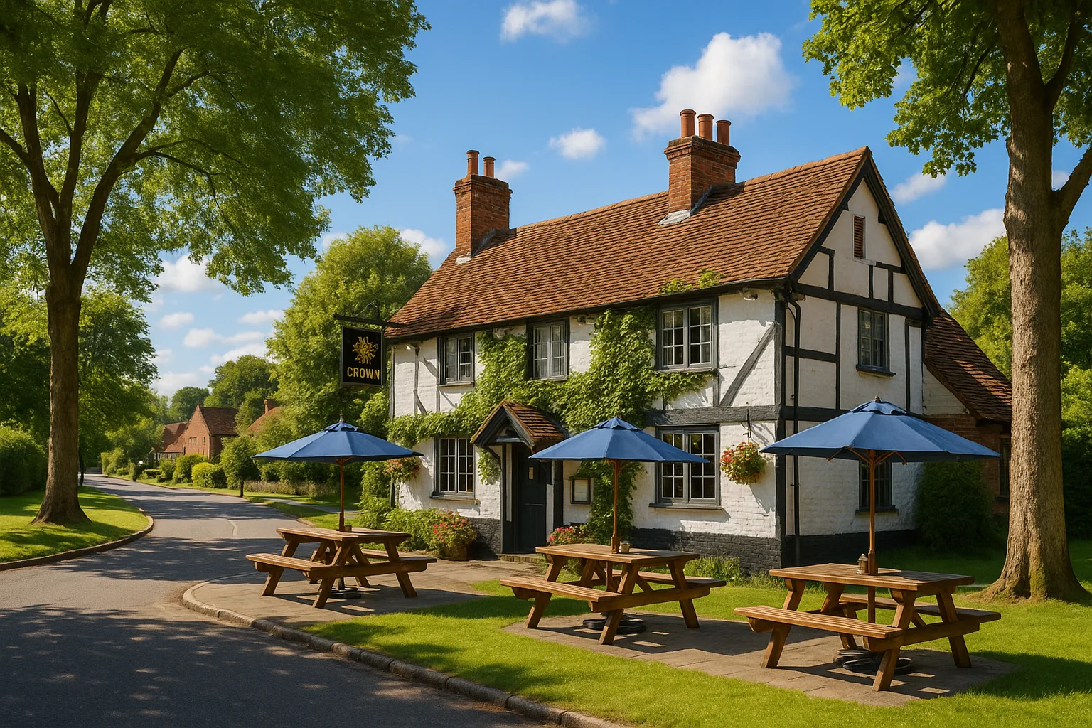 Picturesque Street View Featuring a Traditional English Pub