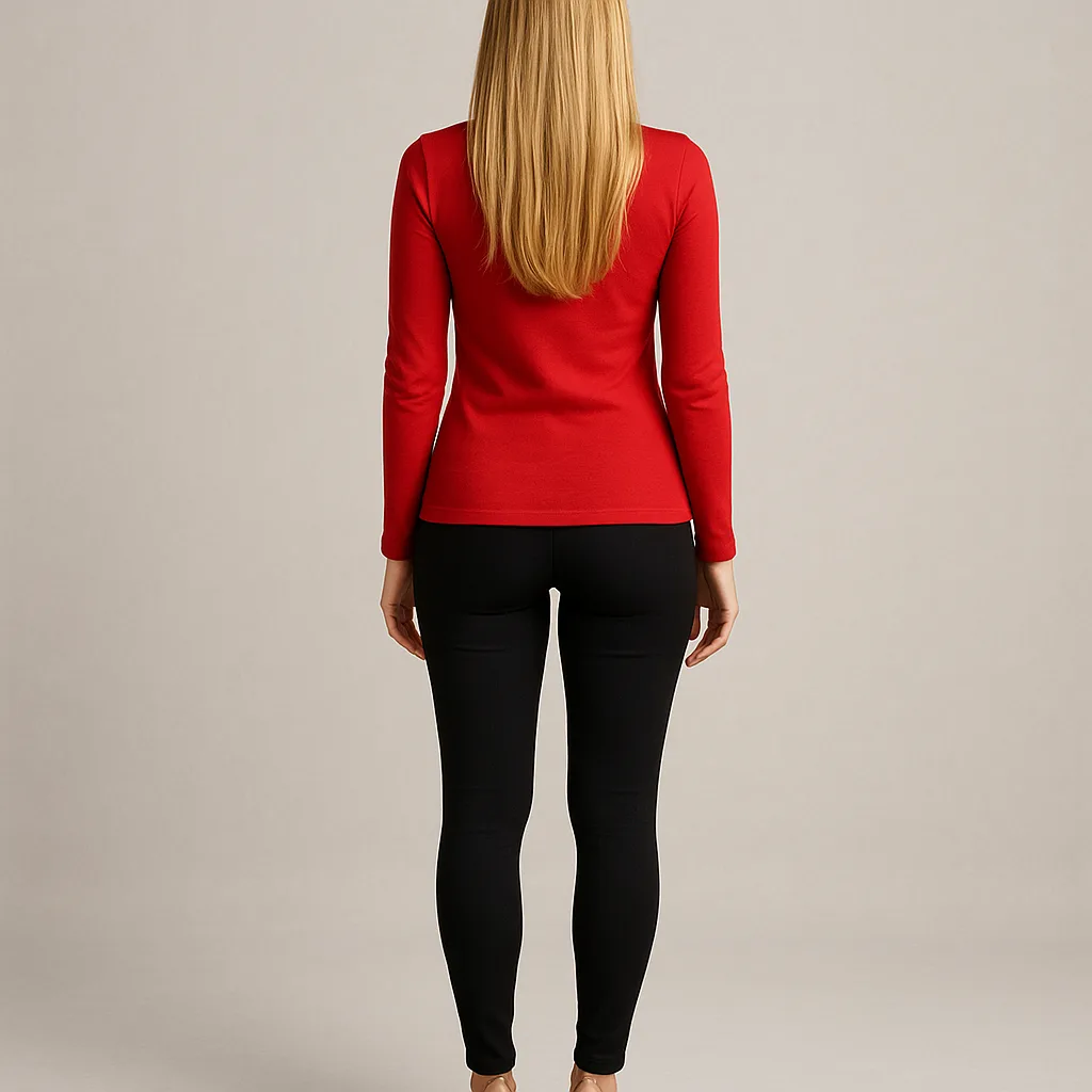 Woman with Long Blonde Hair Wearing a Red Long-sleeved Top