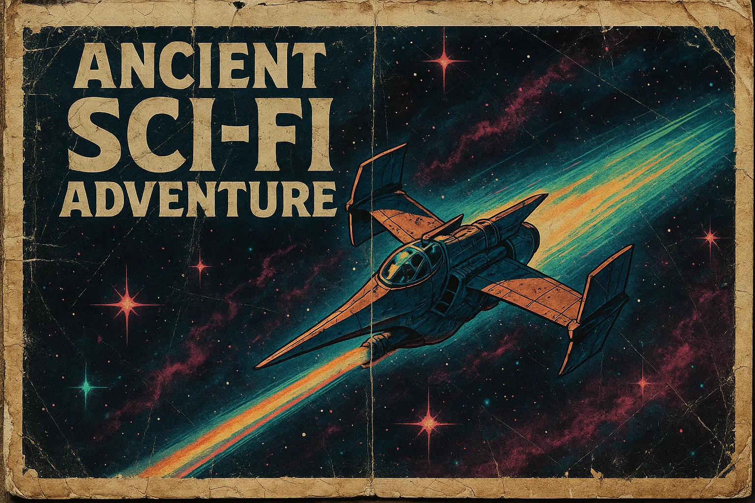 Imagine an Old-fashioned Sci-fi Adventure Poster Featuring a Radiant Spaceship