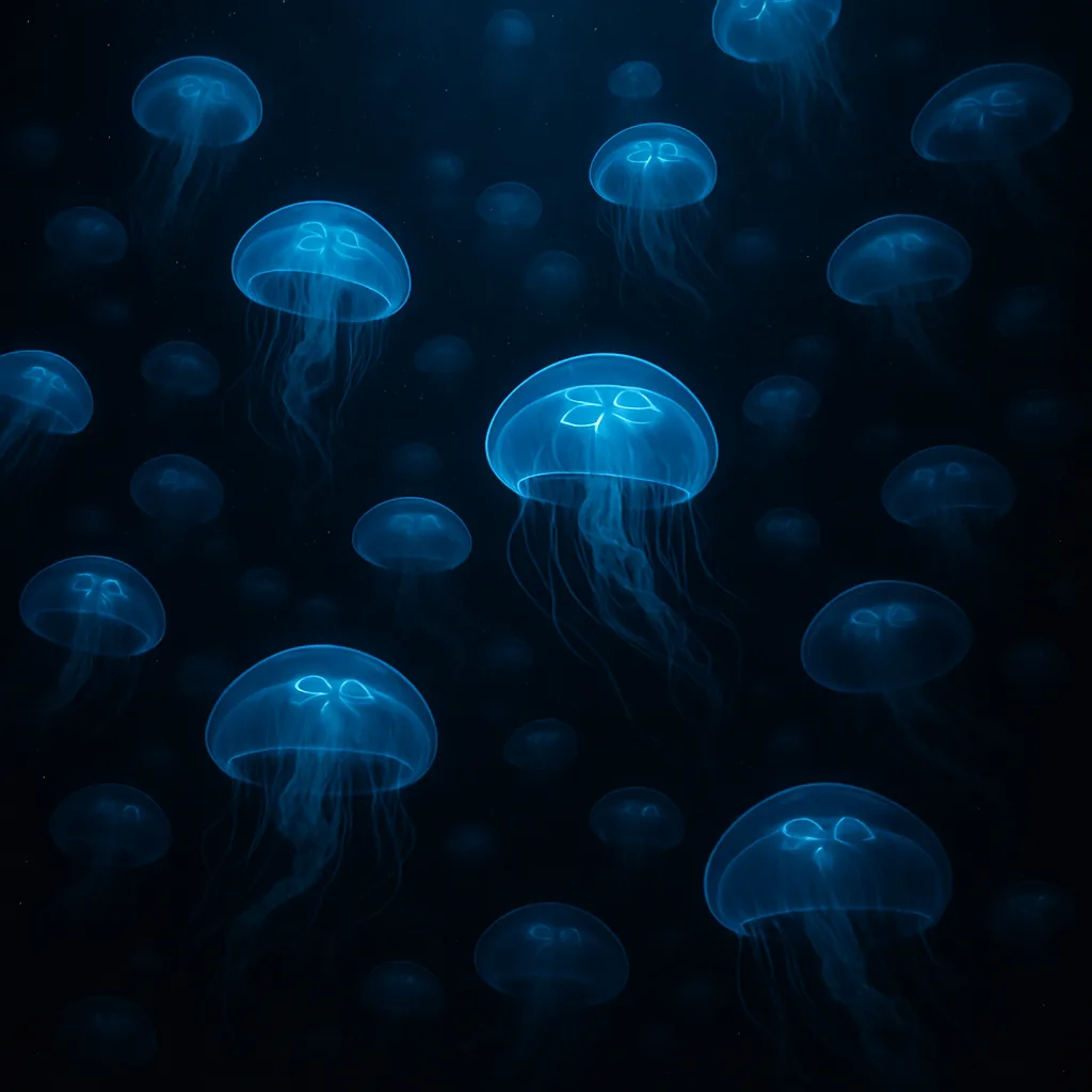 Vast Bloom of Bioluminescent Jellyfish Pulsates Gently in the Inky