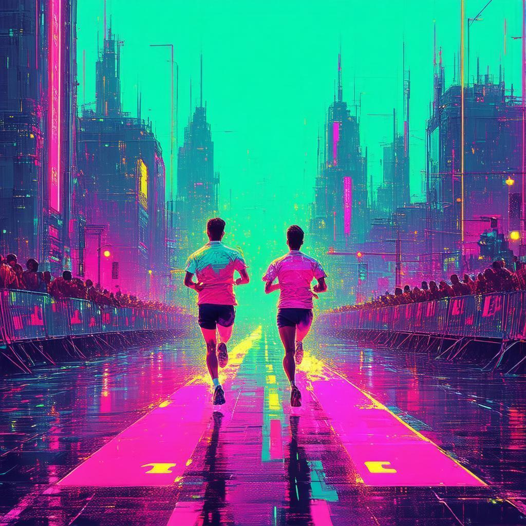Vaporwave Runners Crossing the Neon Finish Line