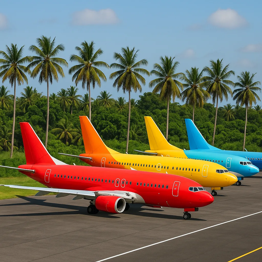 Several Colorful Passenger Airplanes Parked near a Runway