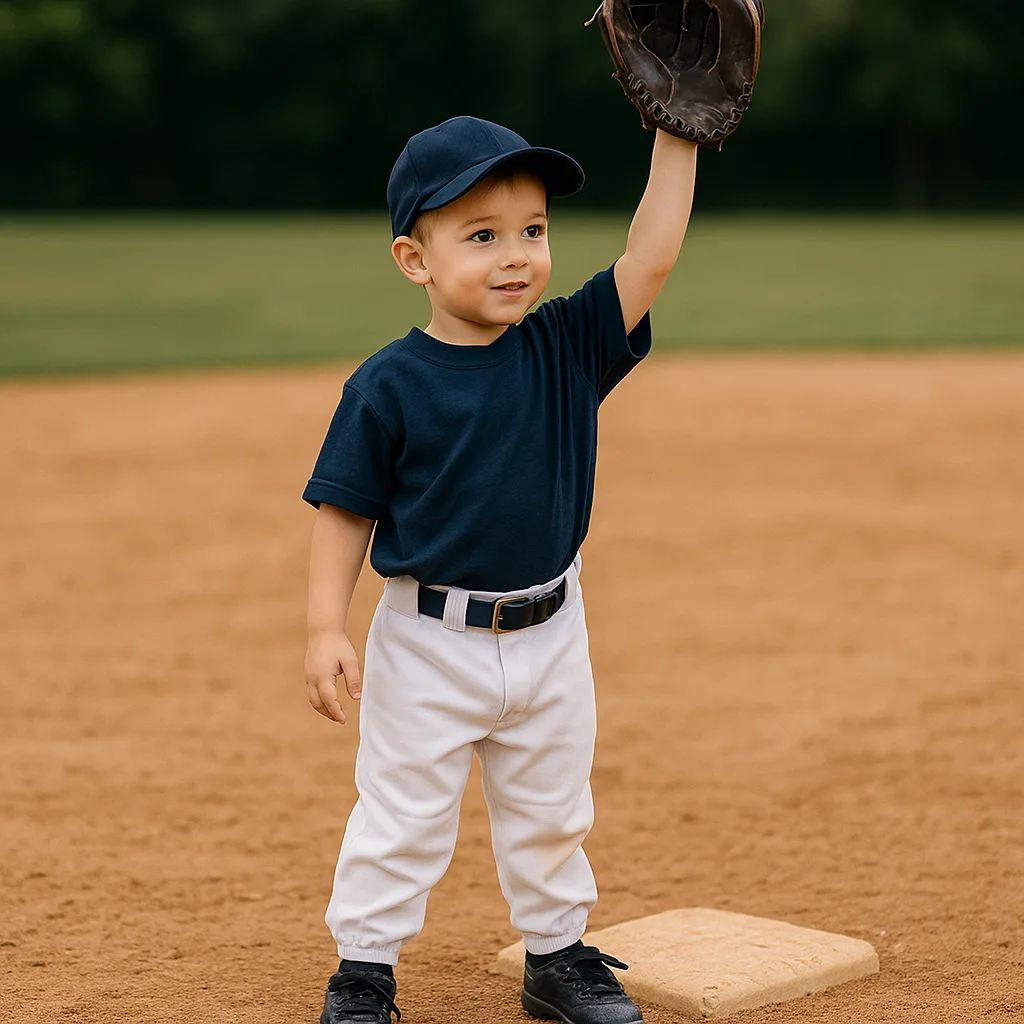 Young Child in a Baseball Uniform Stands on a Dirt