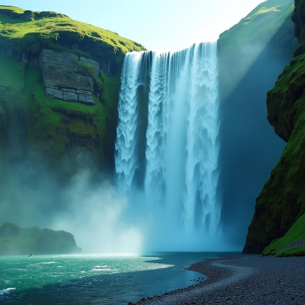 Misty Waterfall Cascading Through Verdant Landscape